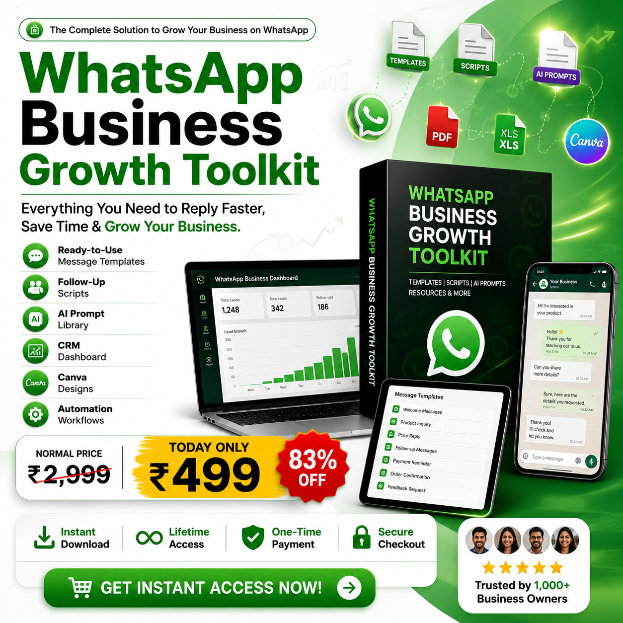WhatsApp Business Growth Toolkit with AI Prompts, CRM Dashboards, Canva Templates and Automation Workflows
